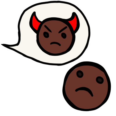 A person with brown skin looking sadly up at a speech bubble coming from somewhere else. the speech bubble has a picture of them, but with added red horns and frowning, in it.